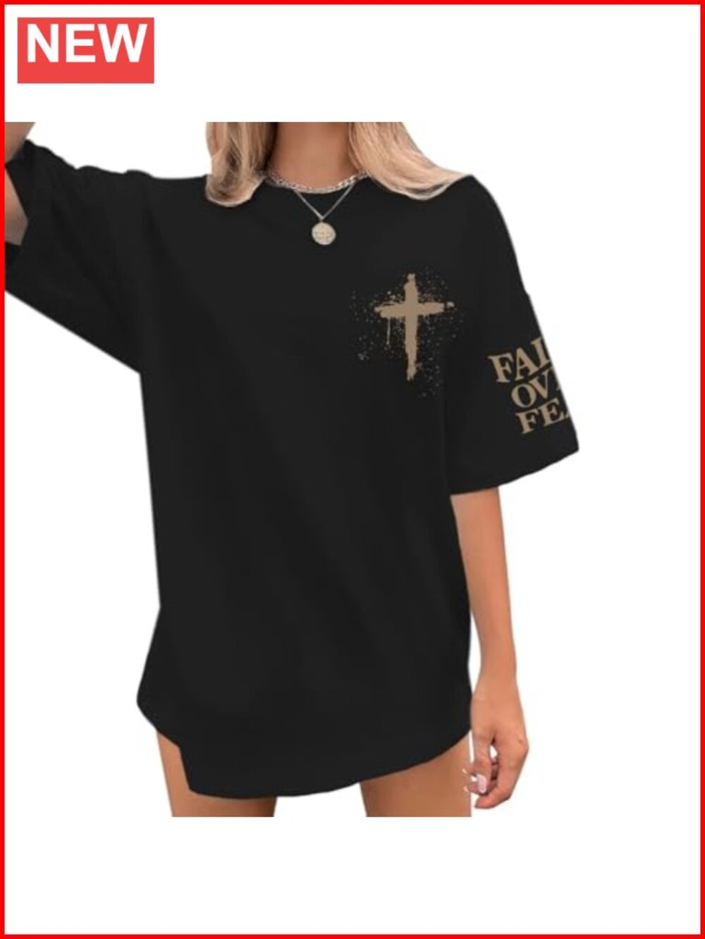 Faith Over Fear Christian Cross Graphic Tee Bible Verse Religious T-Shirt Women